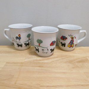 Oneida Genuwine Stoneware Coffee Tea Mugs X3 Farm Friends Theme